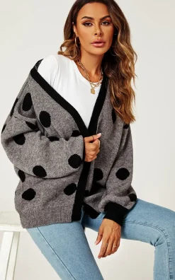 Black Polka Dot Pattern Cardigan Top In Charcoal Grey