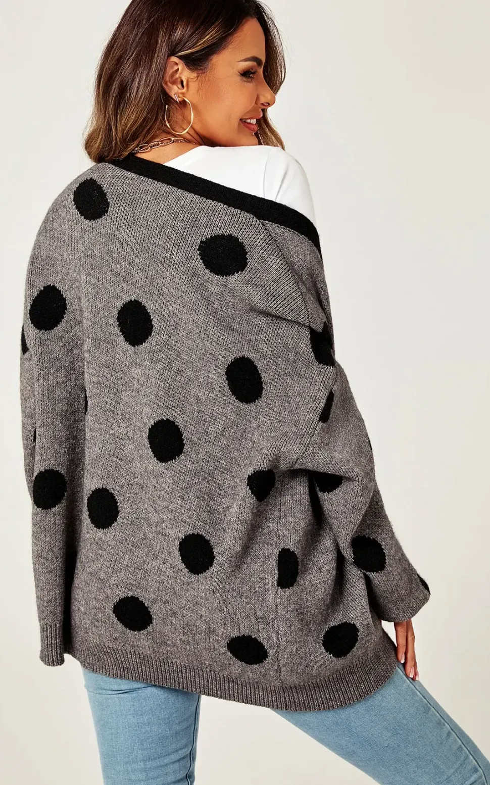 Black Polka Dot Pattern Cardigan Top In Charcoal Grey