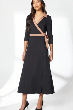 Black Ponte Contrast Wrap Dress