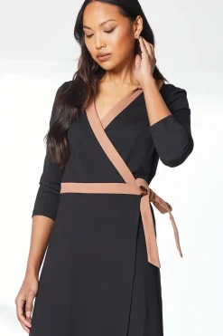 Black Ponte Contrast Wrap Dress