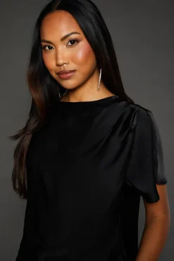 Black Satin Drape Shoulder T-shirt