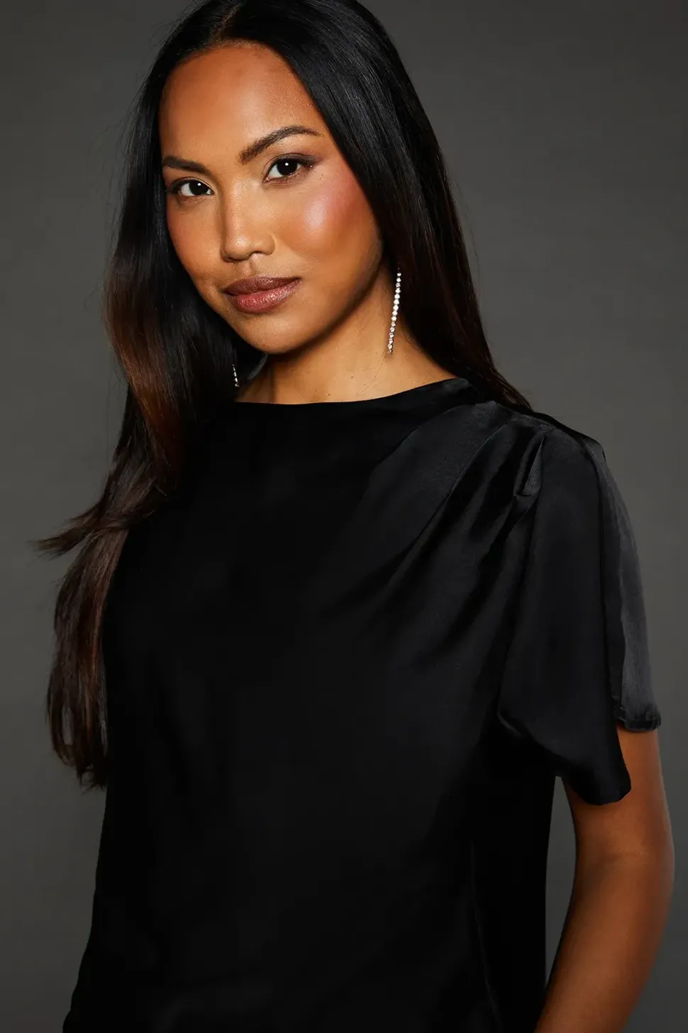 Black Satin Drape Shoulder T-shirt