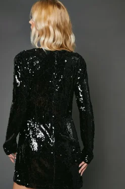 Black Sequin Long Sleeve Ruched Wrap Mini Dress