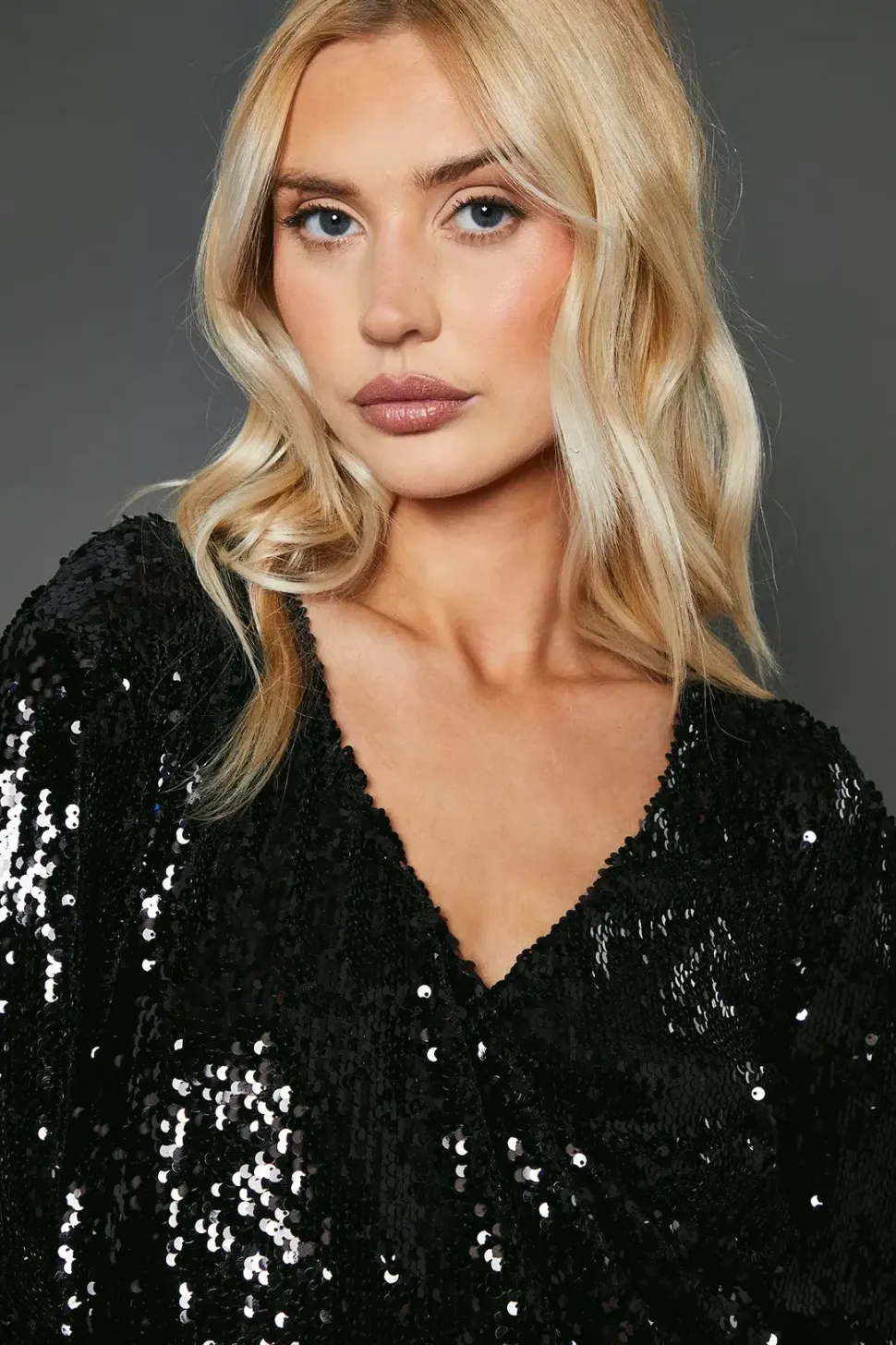 Black Sequin Long Sleeve Ruched Wrap Mini Dress