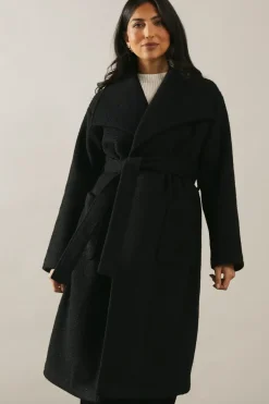 Black Shawl Collar Belted Coat
