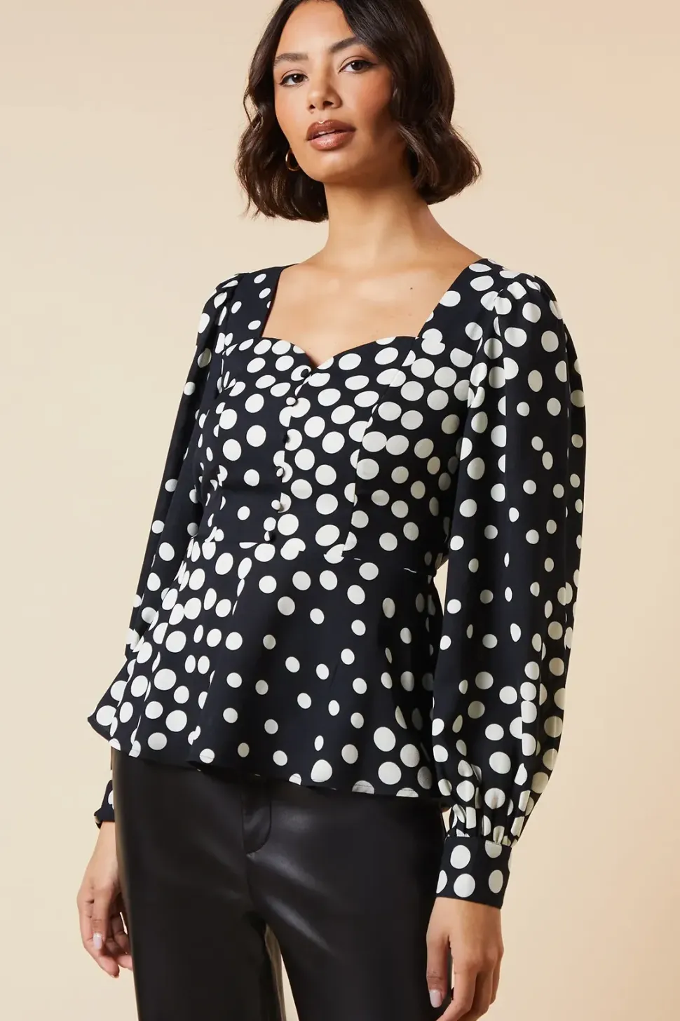 black spot button front blouse