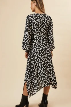 Black Spot Hanky Hem Shirred Cuff Midi Dress
