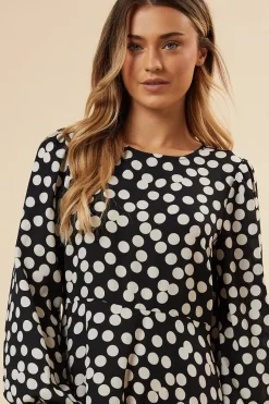 Black Spot Hanky Hem Shirred Cuff Midi Dress