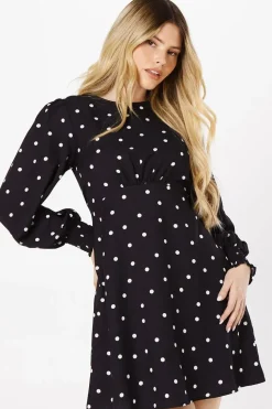 Black Spot Shirred Cuff Mini Dress