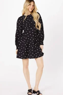 Black Spot Shirred Cuff Mini Dress