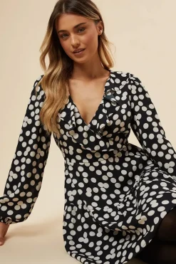 Black Spot Tiered Hem Frill Wrap Mini Dress