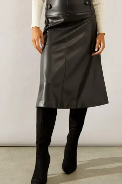 Black Tab Detail Faux Leather A Line Skirt