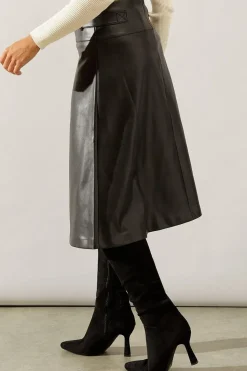 Black Tab Detail Faux Leather A Line Skirt