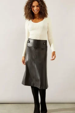 Black Tab Detail Faux Leather A Line Skirt