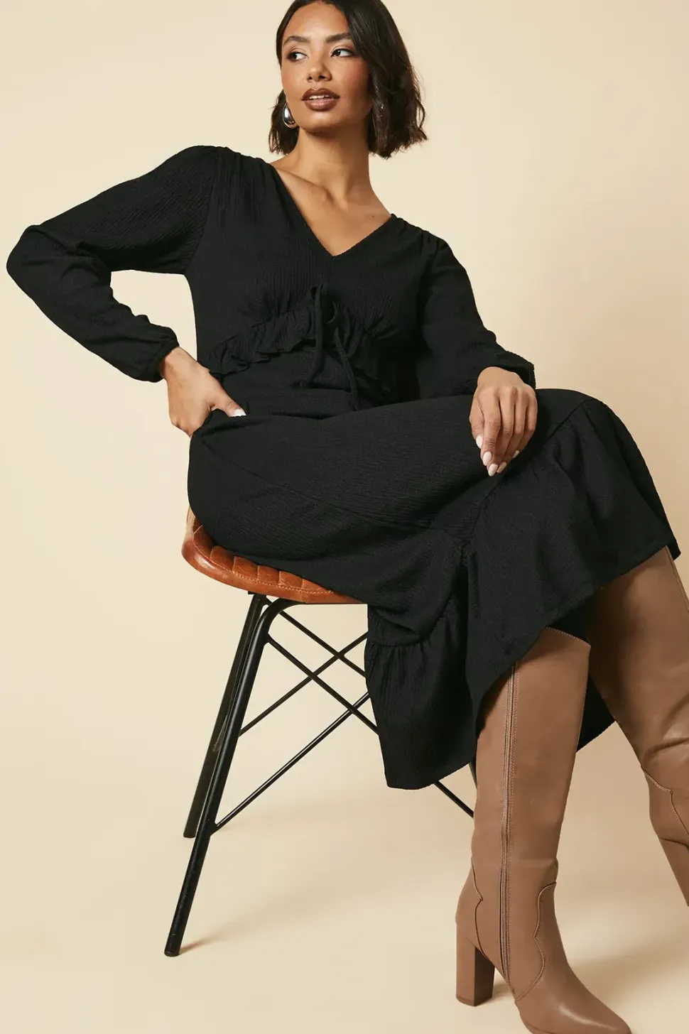 Black Tie Front Ruffle Bust Long Sleeve Midi Dress