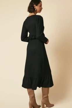 Black Tie Front Ruffle Bust Long Sleeve Midi Dress
