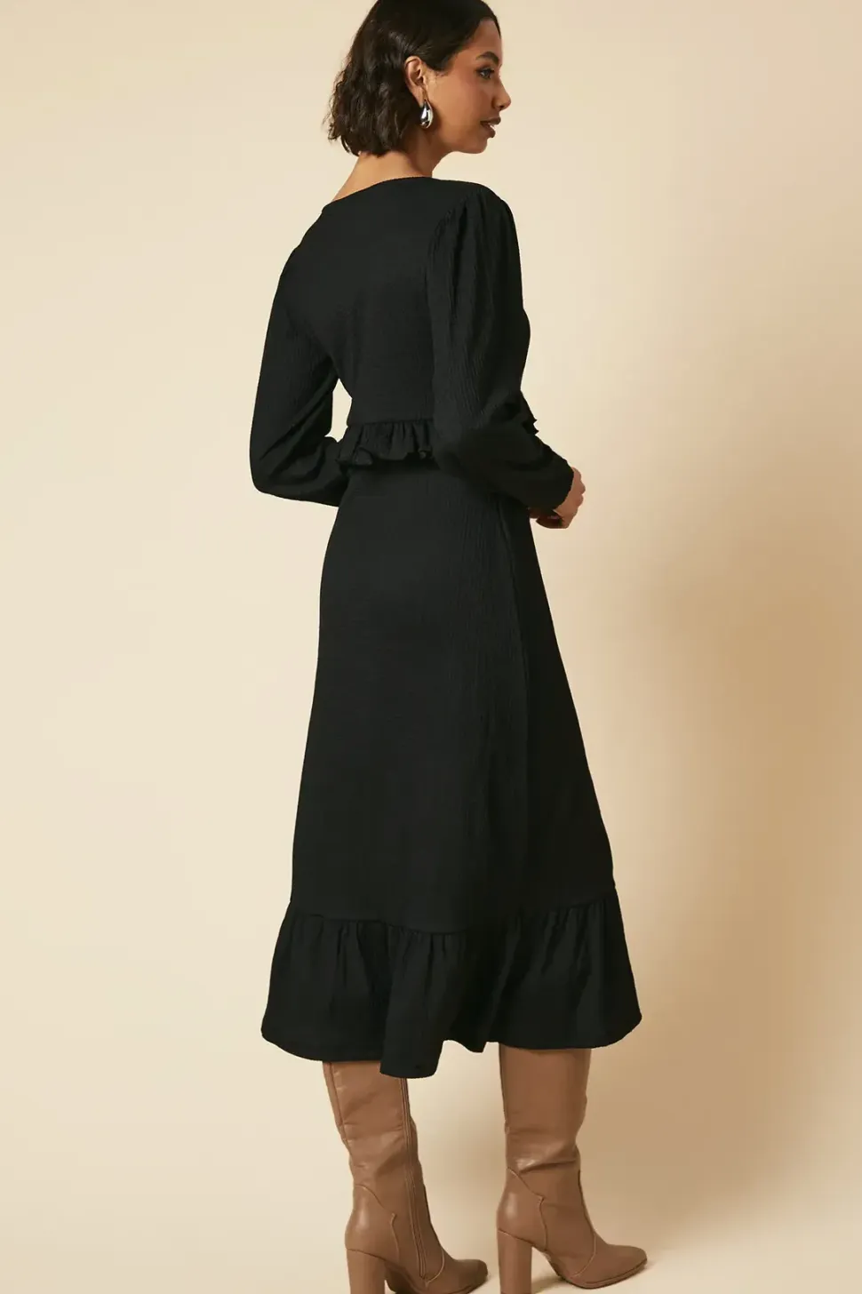 Black Tie Front Ruffle Bust Long Sleeve Midi Dress