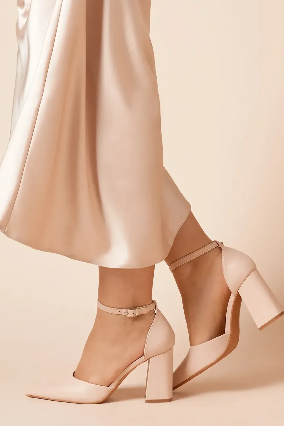 Blanche Ankle Strap Pointed High Block Heel Court Shoes