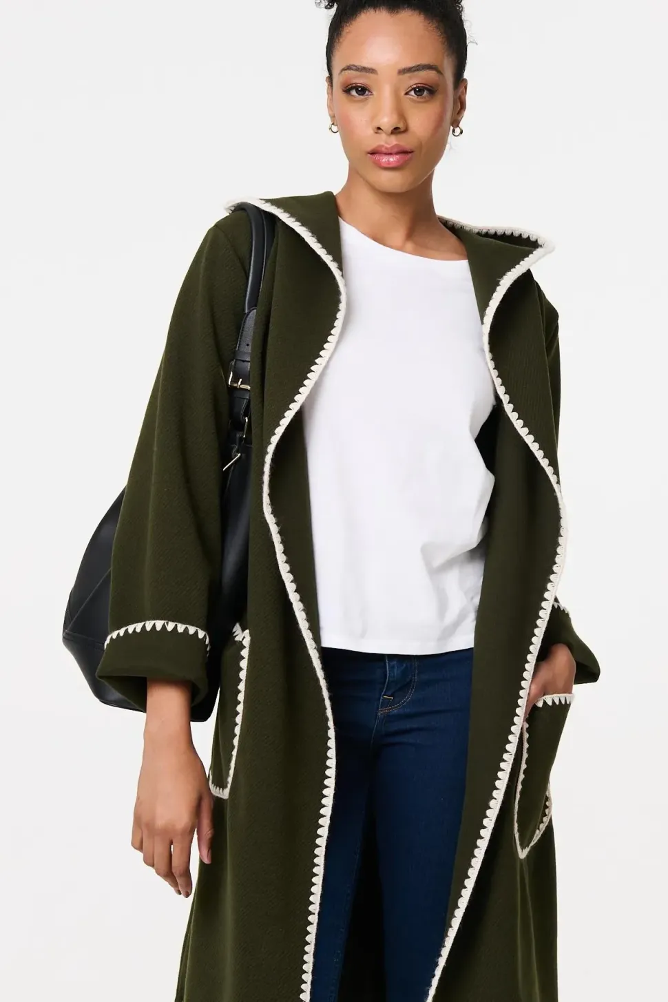 Blanket Stitch Tie Waist Longline Coat