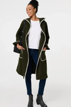 Blanket Stitch Tie Waist Longline Coat