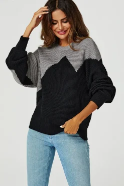 Block Colour Relaxed Knit Jumper Top In Grey & Black