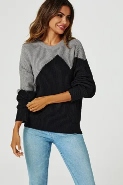 Block Colour Relaxed Knit Jumper Top In Grey & Black