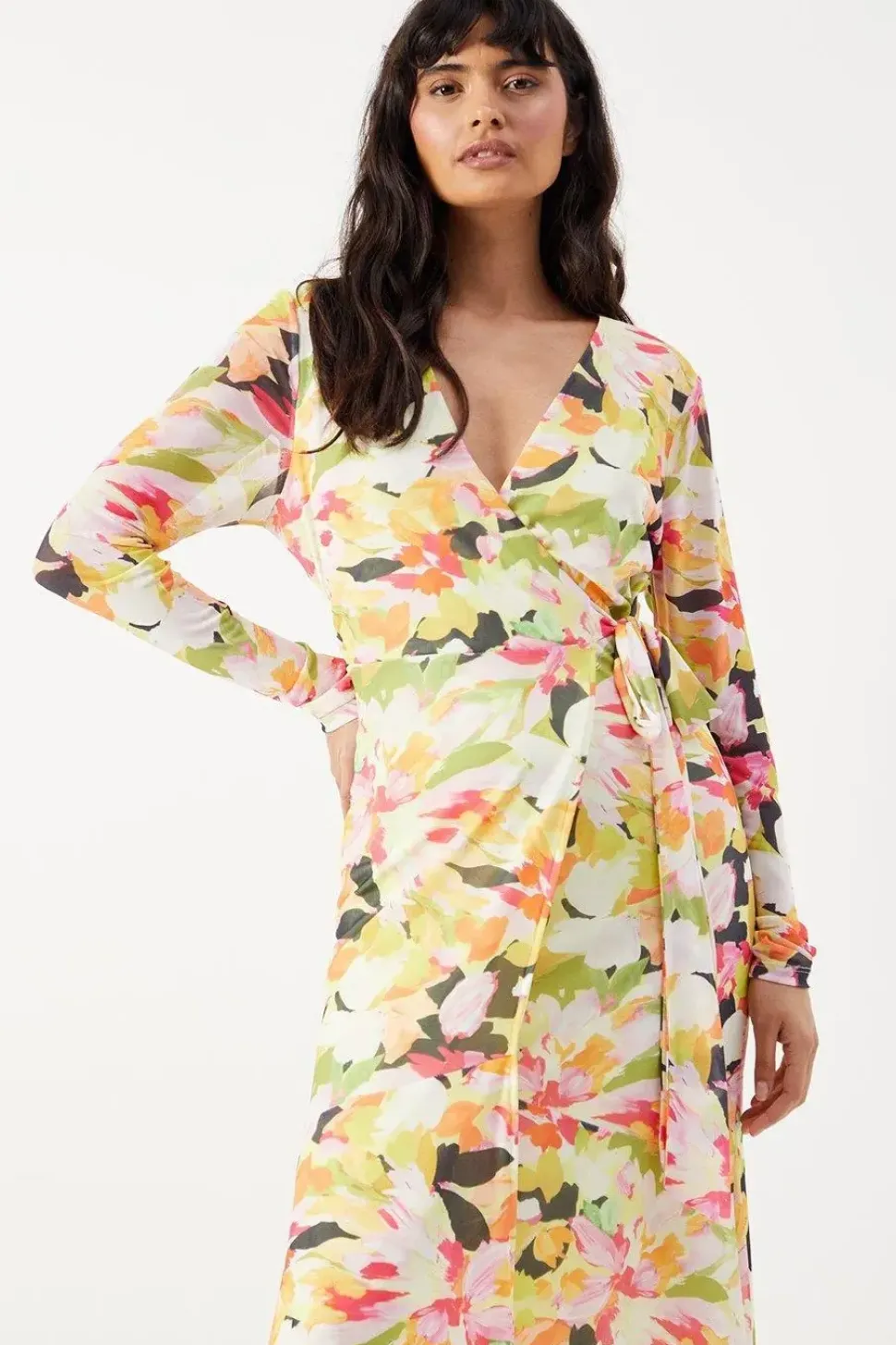 Bloom Floral Mesh Asymmetric Seam Wrap Midi Dress