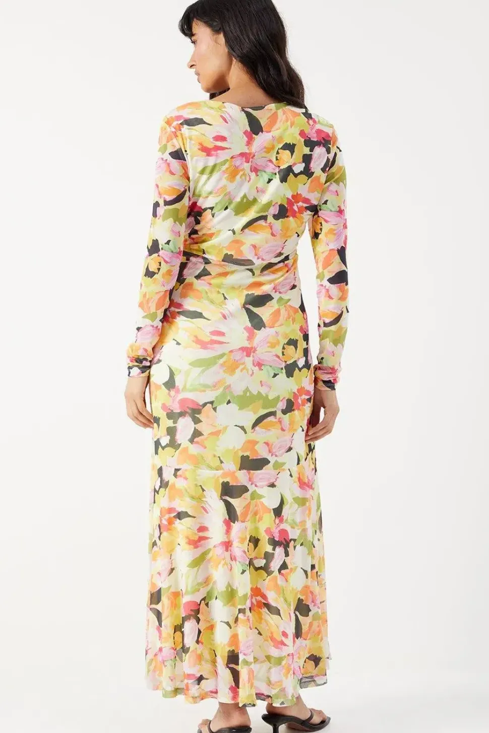 Bloom Floral Mesh Asymmetric Seam Wrap Midi Dress