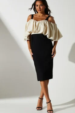 Blouson Bardot Detail Pencil Midi Dress