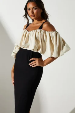 Blouson Bardot Detail Pencil Midi Dress