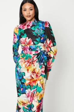 Blouson Sleeve Georgette Jacquard Printed Midi Dress