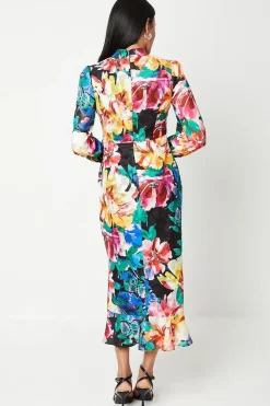Blouson Sleeve Georgette Jacquard Printed Midi Dress