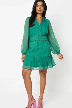 Blouson Sleeve Shirred Chiffon Mini Dress