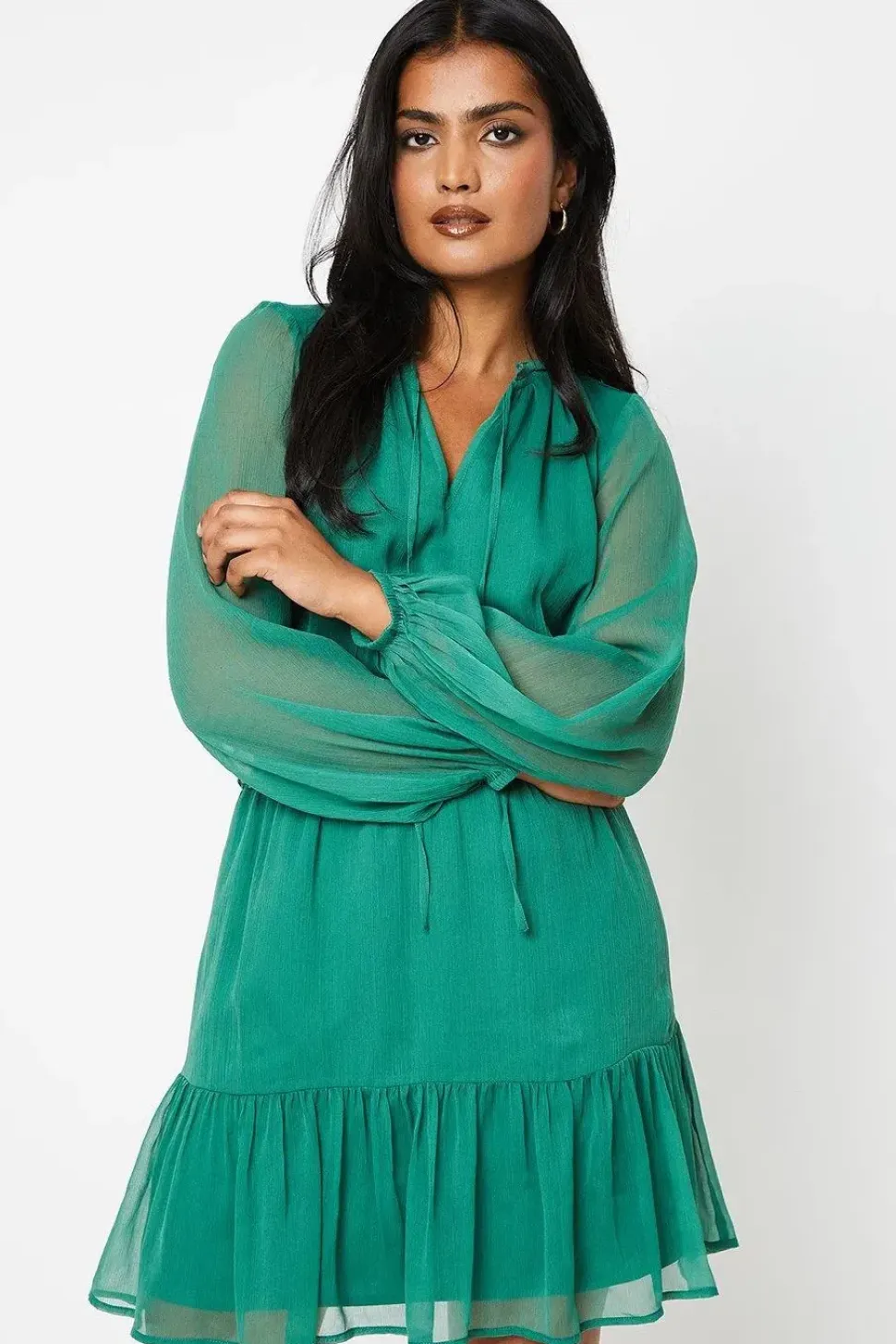 Blouson Sleeve Shirred Chiffon Mini Dress