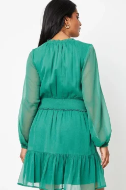 Blouson Sleeve Shirred Chiffon Mini Dress