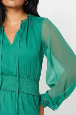 Blouson Sleeve Shirred Chiffon Mini Dress