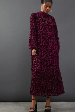 Blouson Sleeve Velvet Floral Devore High Low Midi Dress