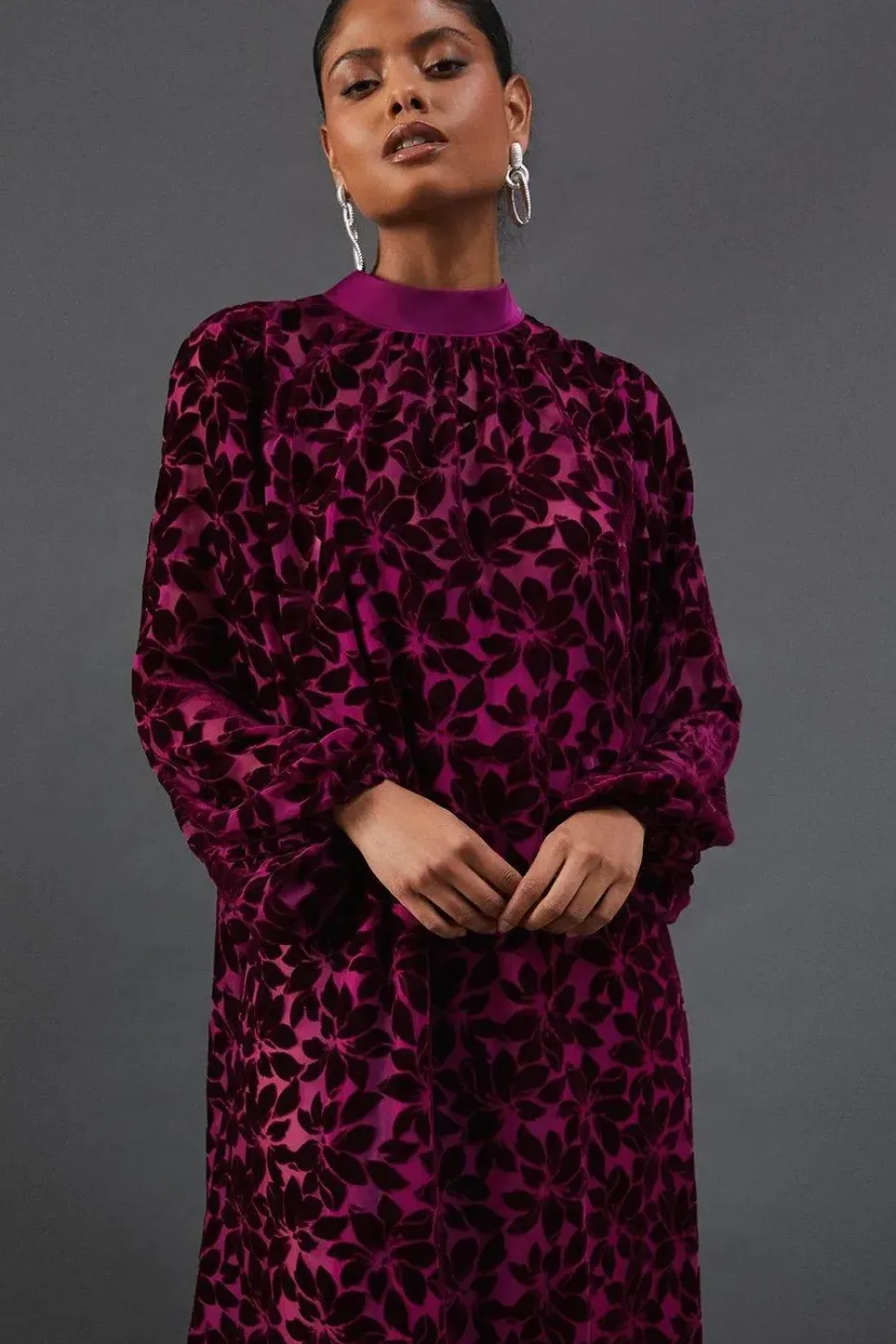 Blouson Sleeve Velvet Floral Devore High Low Midi Dress