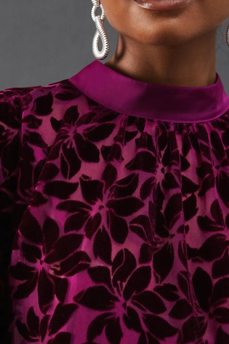 Blouson Sleeve Velvet Floral Devore High Low Midi Dress