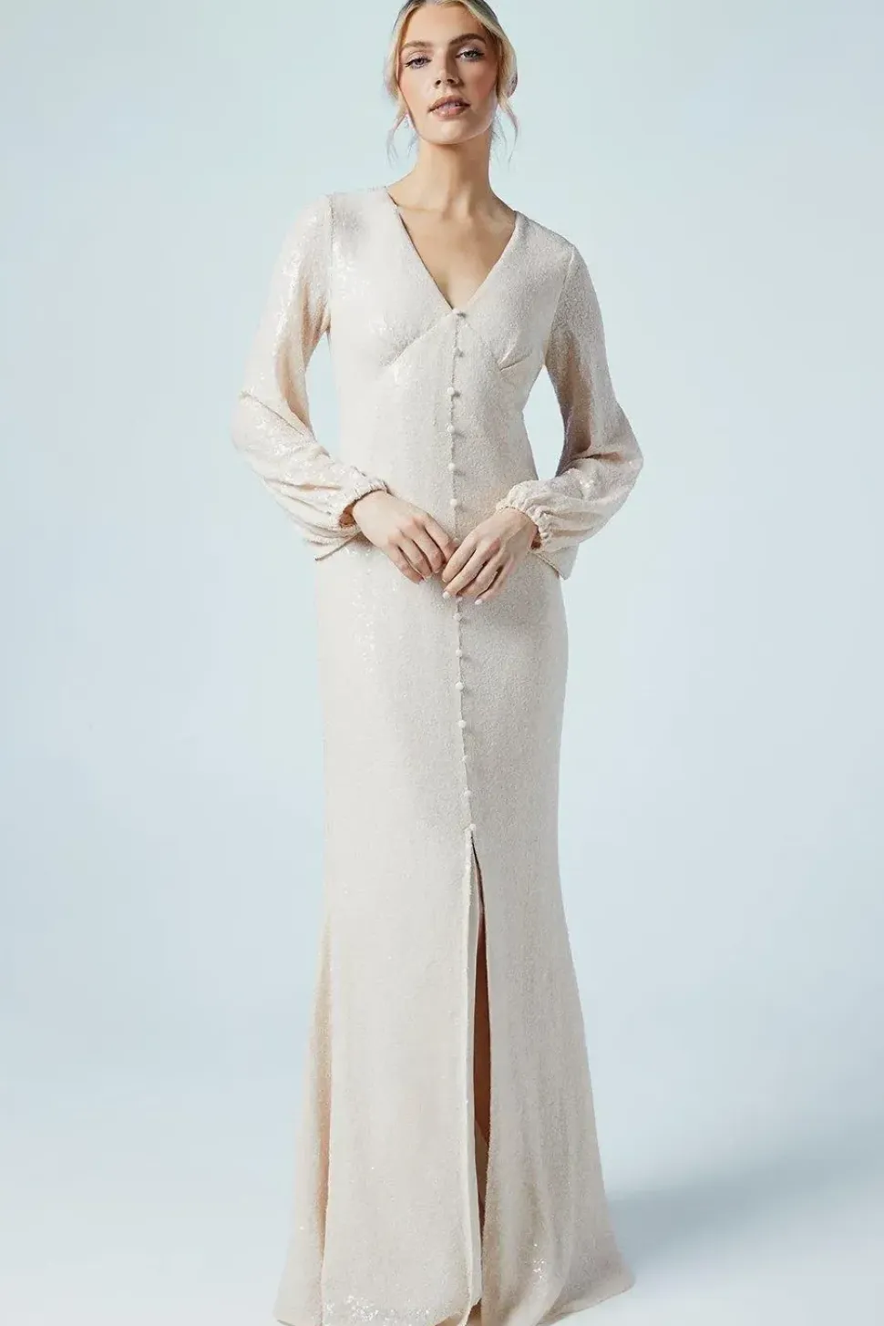 Blouson Sleeve V Neck Button Front Sequin Wedding Dress