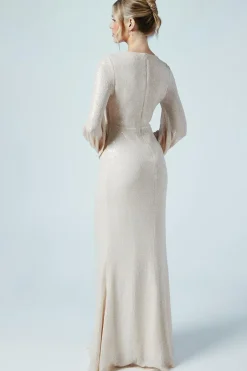 Blouson Sleeve V Neck Button Front Sequin Wedding Dress