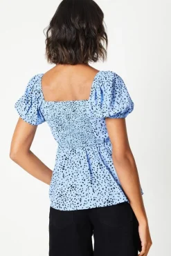 Blue Abstract Knot Front Puff Sleeve Blouse