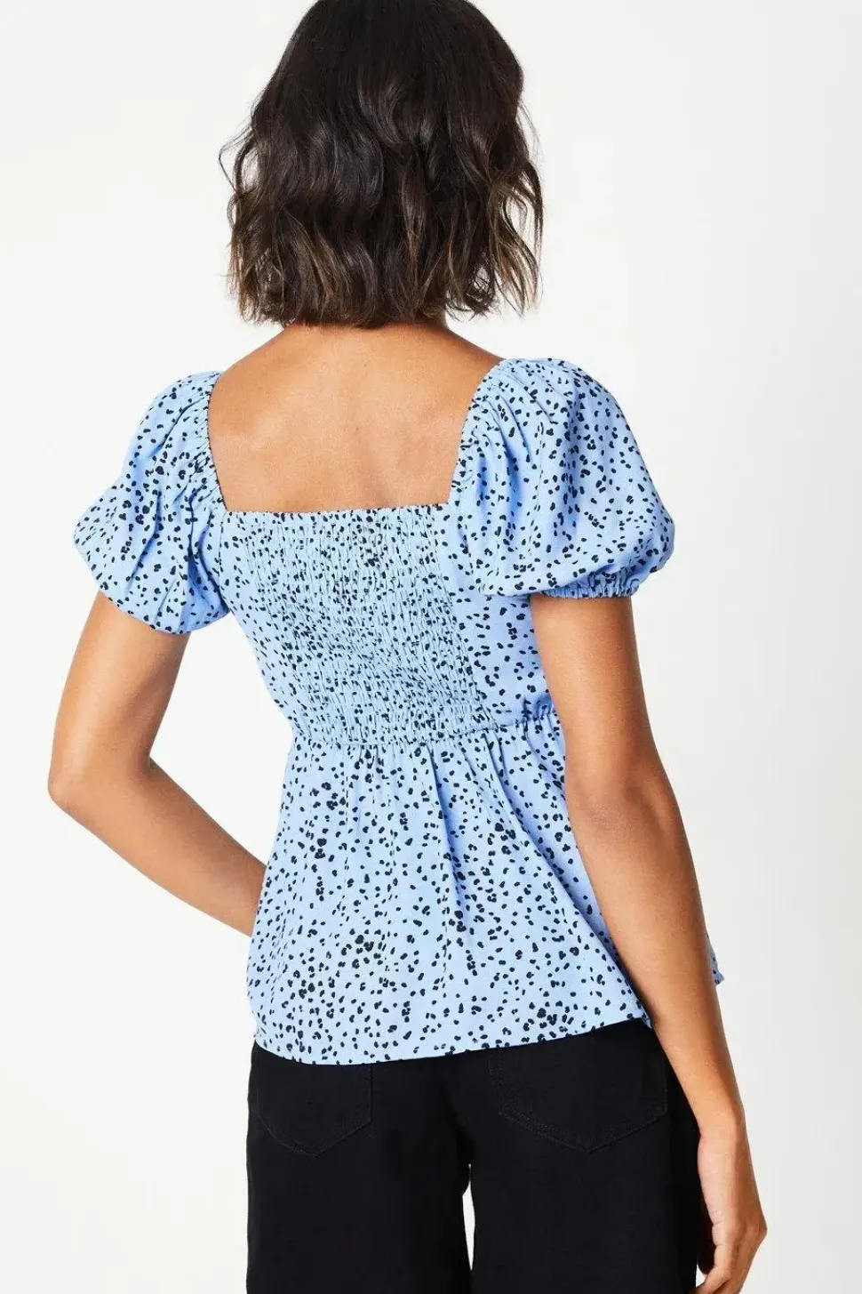 Blue Abstract Knot Front Puff Sleeve Blouse