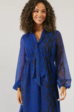 Blue Animal Tie Neck Midi Dress
