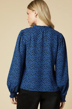 Blue Blurred Spot Shirred Cuff Blouse