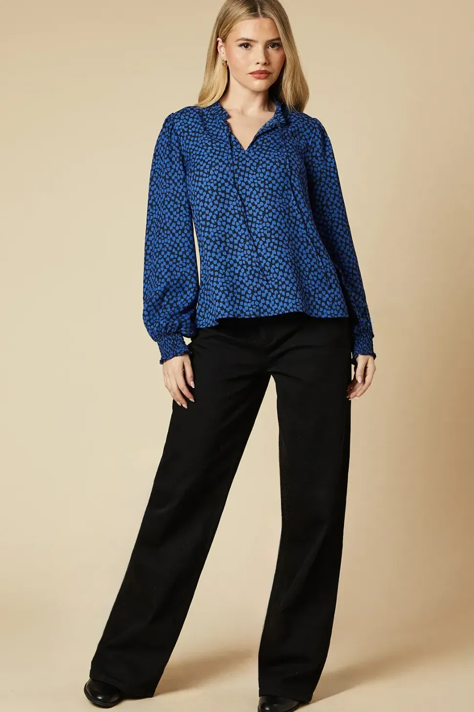 Blue Blurred Spot Shirred Cuff Blouse