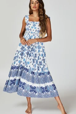 Blue Border Print Hem Detail Tiered Maxi Dress In White