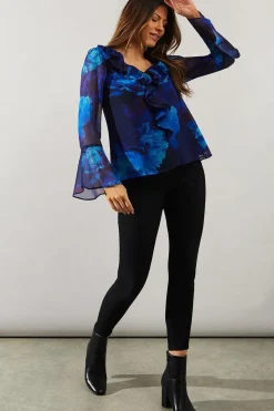 Blue Digital Floral Ruffle Detail Blouse