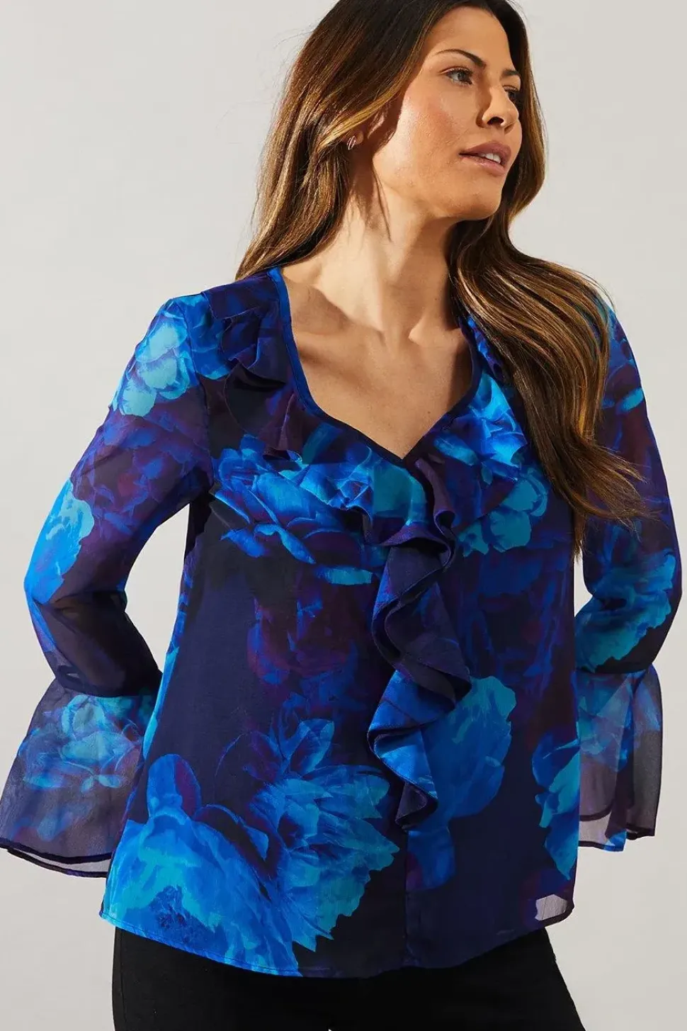 Blue Digital Floral Ruffle Detail Blouse