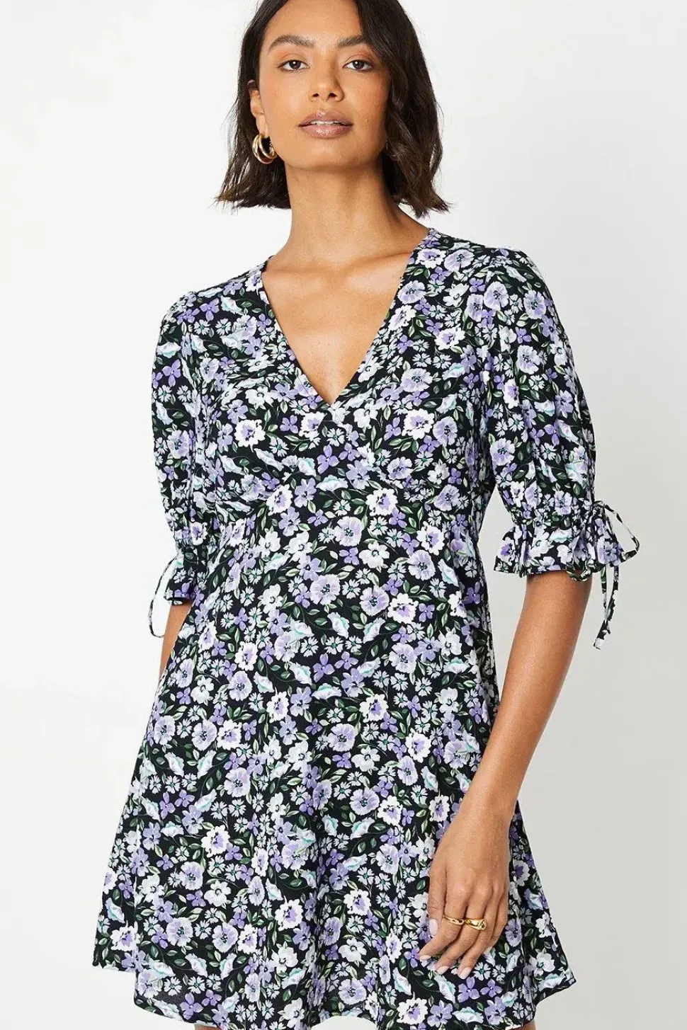 Blue Ditsy Empire Tie Sleeve Mini Dress